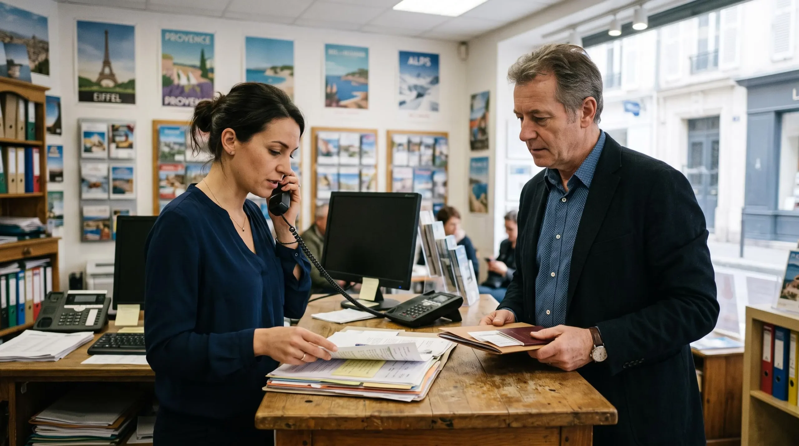 Une conseillère d'agence de voyage déclare par téléphone un dossier d'annulation devant son client.