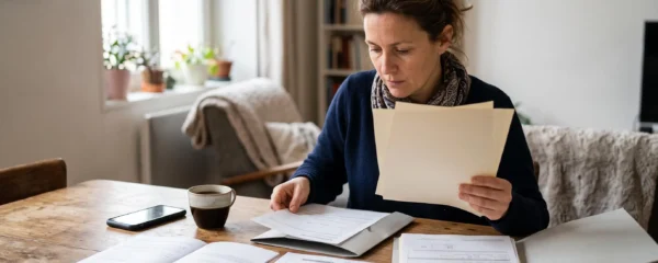Une femme prépare un dossier de justificatifs d'annulation de voyage sur la table de son salon.
