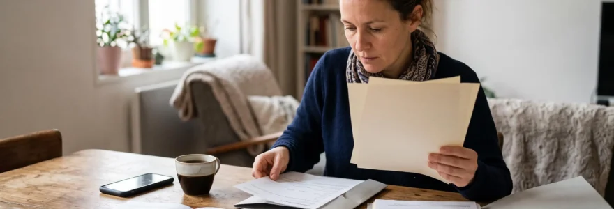 Une femme prépare un dossier de justificatifs d'annulation de voyage sur la table de son salon.