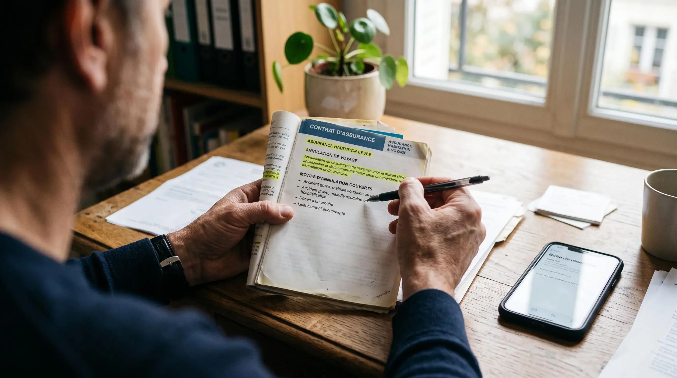 Un homme pointe du doigt une clause de son contrat d'assurance annulation pour vérifier les motifs couverts.